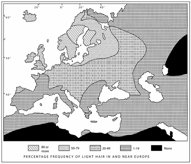 Percentage frequency of light hair in and near Europe